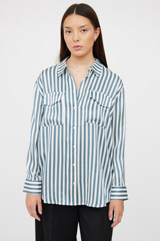 Silk Laundry Blue 
White Stripe Button Up Blouse