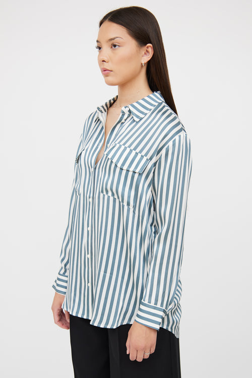 Silk Laundry Blue 
White Stripe Button Up Blouse