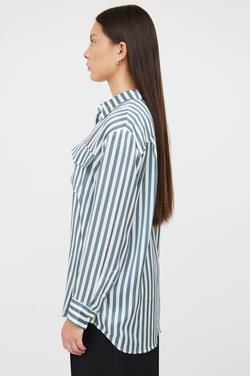 Silk Laundry Blue 
White Stripe Button Up Blouse