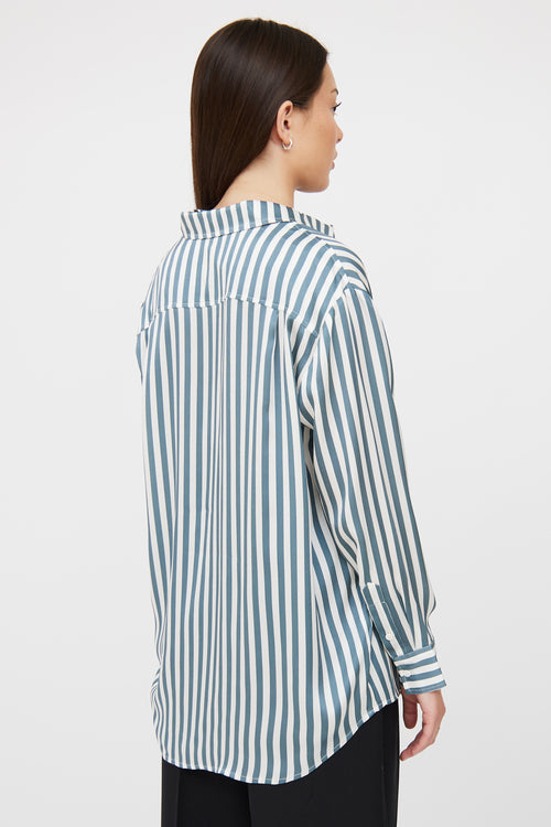 Silk Laundry Blue 
White Stripe Button Up Blouse