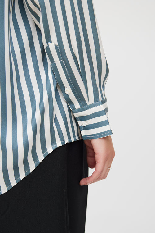 Silk Laundry Blue 
White Stripe Button Up Blouse