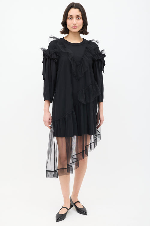 Simone Rocha Black Asymmetric Tulle Ruffle Mini Dress