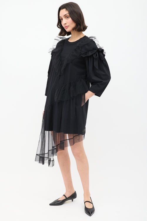 Simone Rocha Black Asymmetric Tulle Ruffle Mini Dress