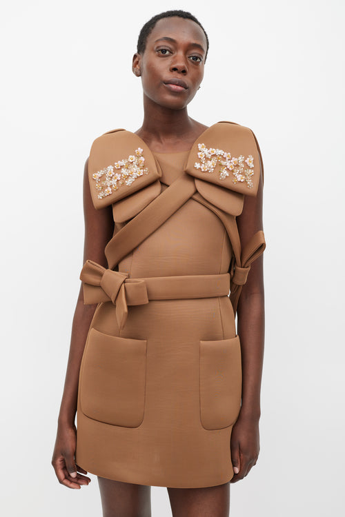 Simone Rocha Brown Neoprene Floral Embellished Bow Dress