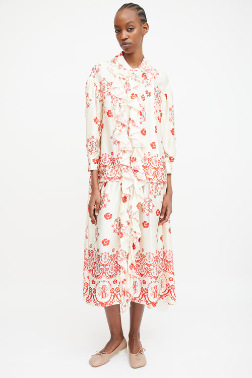 Simone Rocha Cream 
Red Silk Floral Ruffle Dress