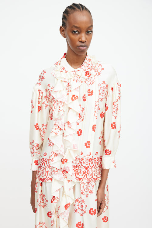 Simone Rocha Cream 
Red Silk Floral Ruffle Dress