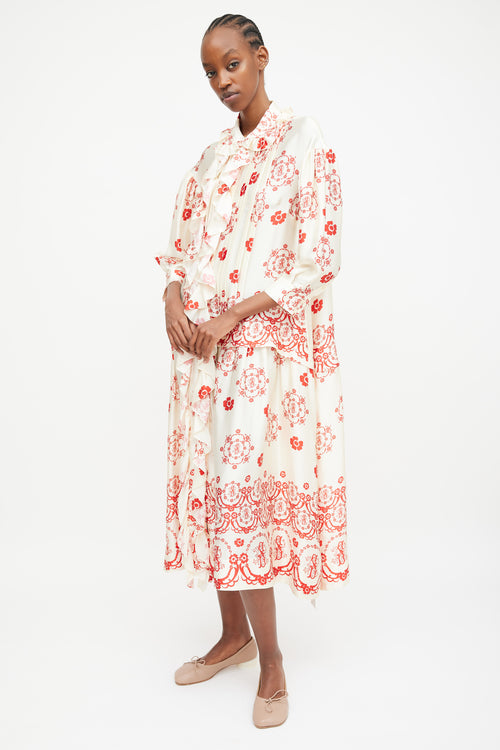 Simone Rocha Cream 
Red Silk Floral Ruffle Dress