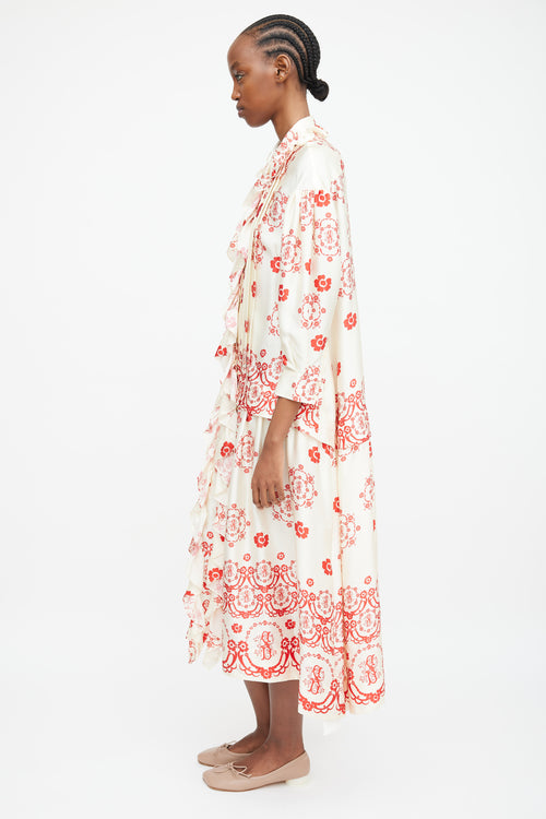 Simone Rocha Cream 
Red Silk Floral Ruffle Dress