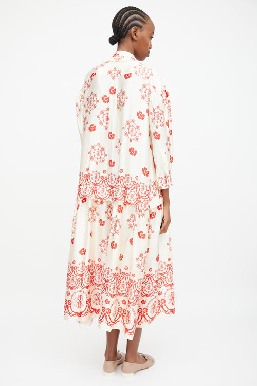 Simone Rocha Cream 
Red Silk Floral Ruffle Dress