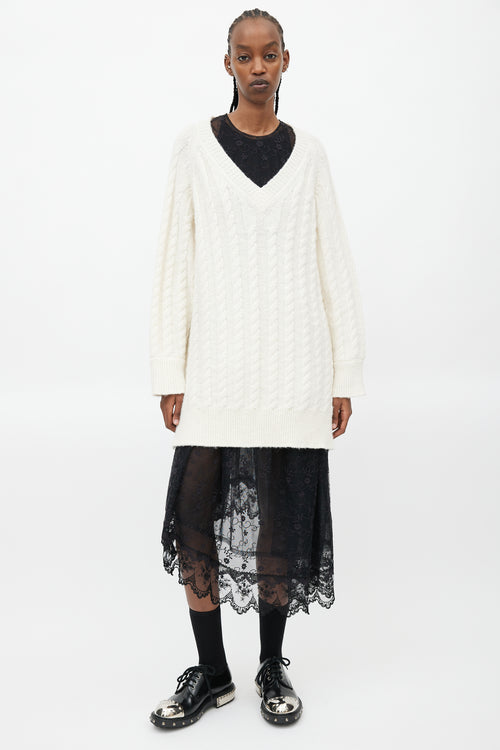 Simone Rocha Cream Cableknit V-Neck Sweater