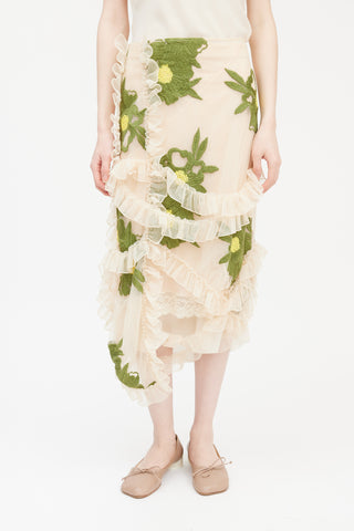 Simone Rocha Pink 
Multicolour Floral Embroidered Ruffled Mesh Skirt