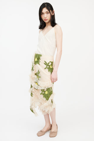 Simone Rocha Pink 
Multicolour Floral Embroidered Ruffled Mesh Skirt