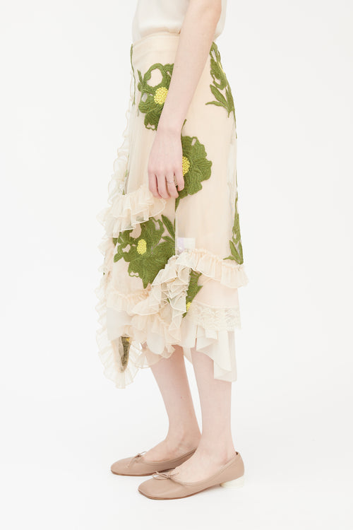 Simone Rocha Pink 
Multicolour Floral Embroidered Ruffled Mesh Skirt