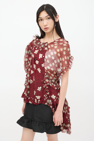 Simone Rocha SS 2017 Red 
Multicolour Silk Floral Checker Asymmetrical Top