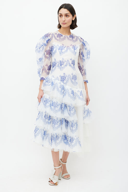 Simone Rocha White 
Blue Floral Ruffled Dress