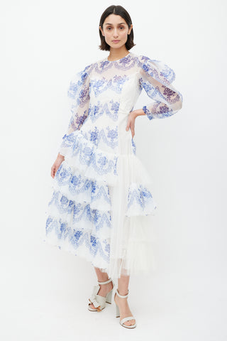 Simone Rocha White 
Blue Floral Ruffled Dress