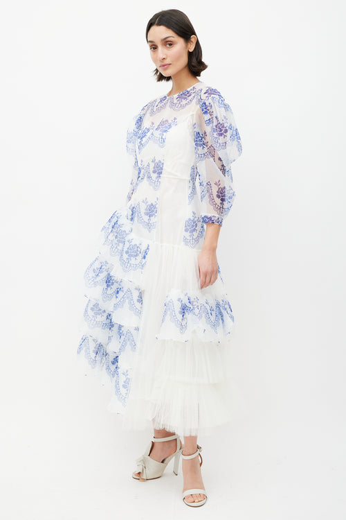 Simone Rocha White 
Blue Floral Ruffled Dress