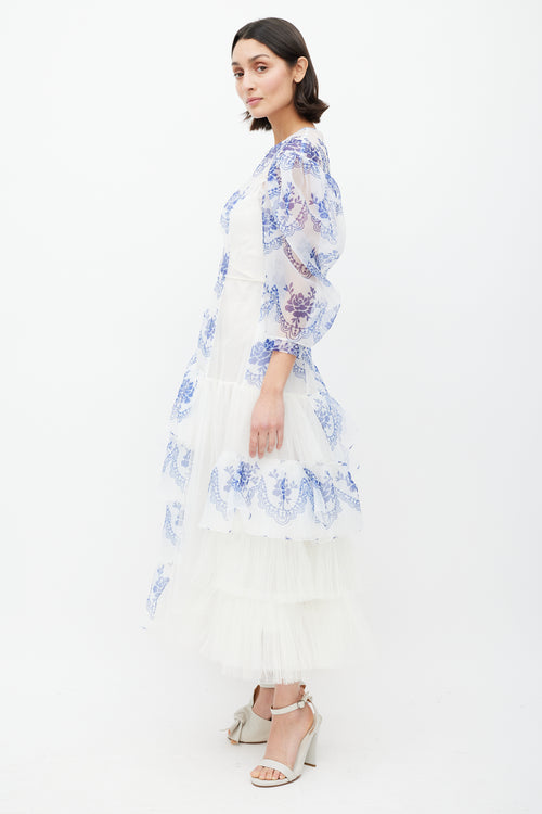 Simone Rocha White 
Blue Floral Ruffled Dress