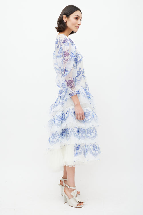 Simone Rocha White 
Blue Floral Ruffled Dress