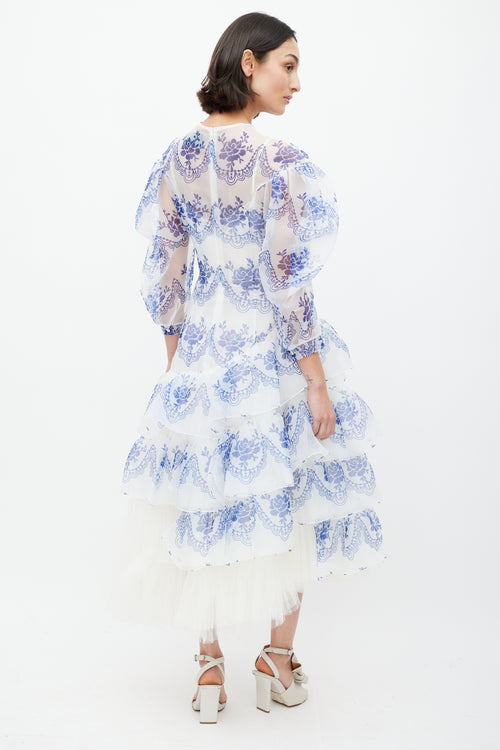 Simone Rocha White 
Blue Floral Ruffled Dress