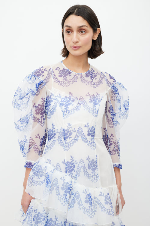 Simone Rocha White 
Blue Floral Ruffled Dress