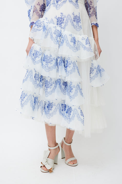 Simone Rocha White 
Blue Floral Ruffled Dress