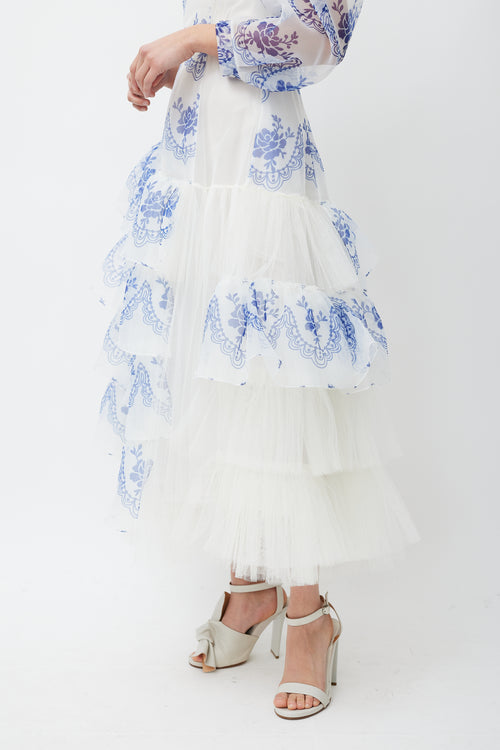 Simone Rocha White 
Blue Floral Ruffled Dress