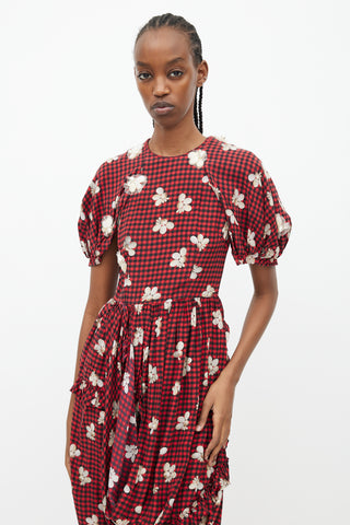 Simone Rocha Spring 2017 Red 
Black Gingham 
Floral Embellished Dress