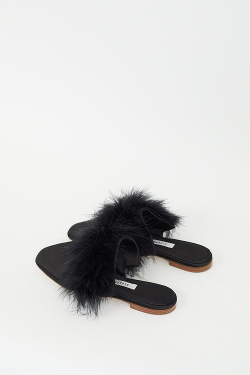 Sleeper Black Satin Feather Trim Manon Mule