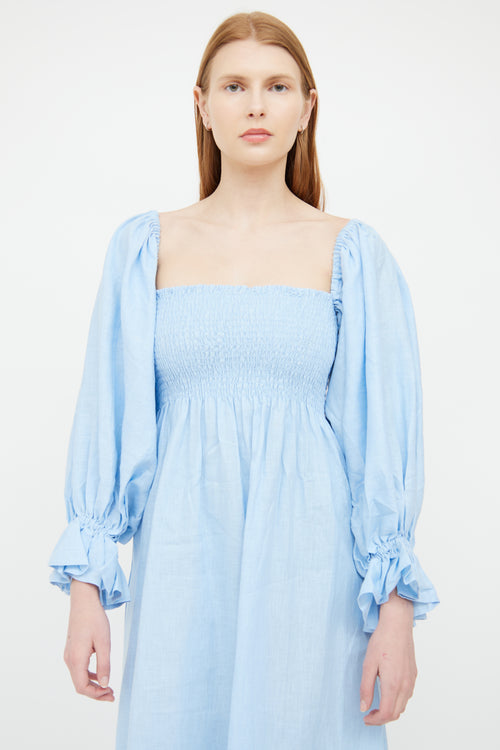 Sleeper Blue Linen Puff Sleeve Dress