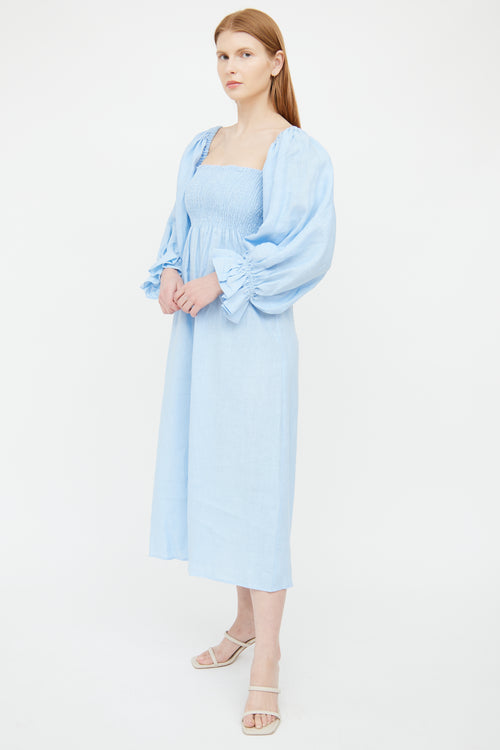 Sleeper Blue Linen Puff Sleeve Dress