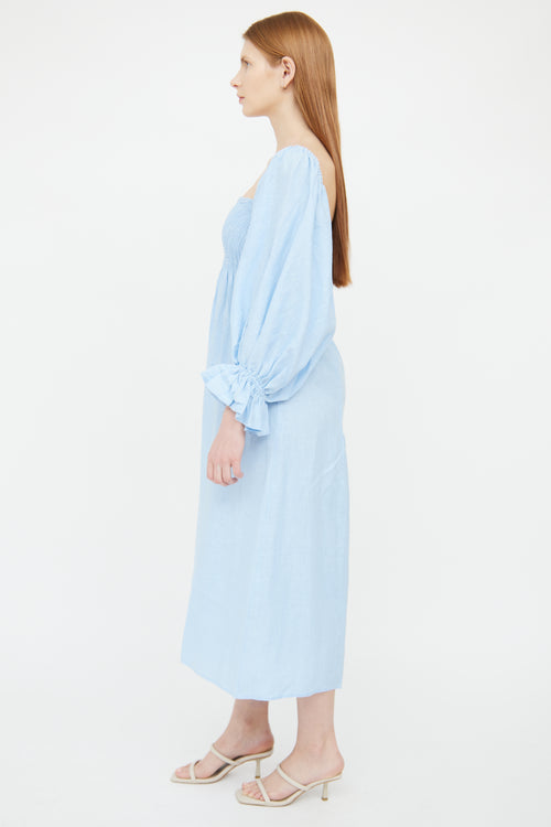 Sleeper Blue Linen Puff Sleeve Dress