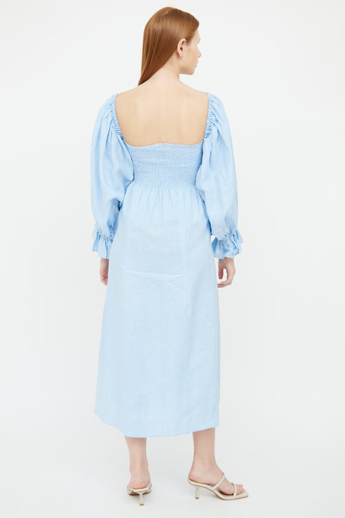 Sleeper Blue Linen Puff Sleeve Dress