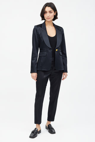 Smythe Black Satin 
Gold Button Suit