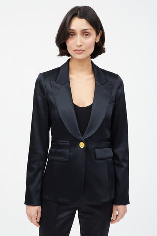 Smythe Black Satin 
Gold Button Suit