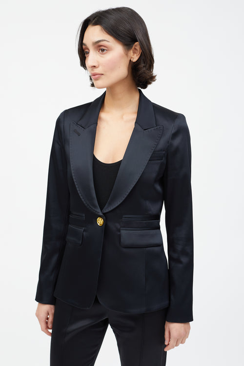 Smythe Black Satin 
Gold Button Suit