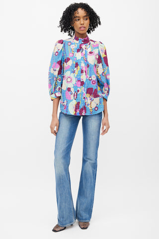 Smythe Blue 
Multicolour Floral Pleated Top