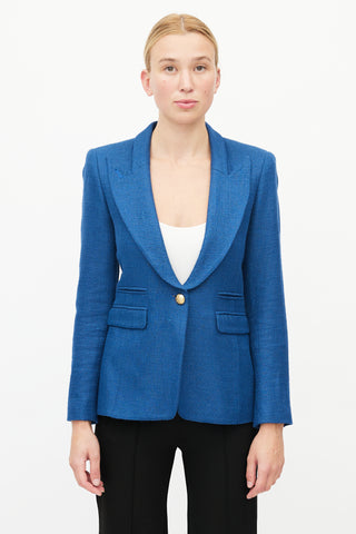 Smythe Blue Textured Single Breasted Peak Lapel Blazer