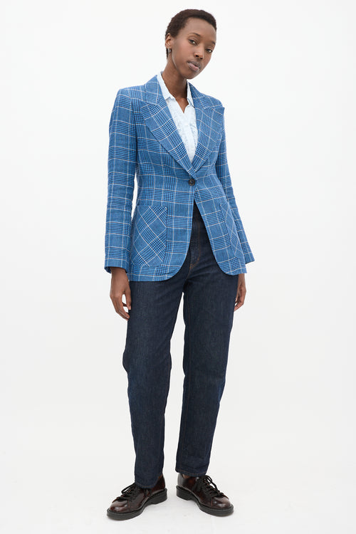 Blue 
White Linen Plaid Blazer