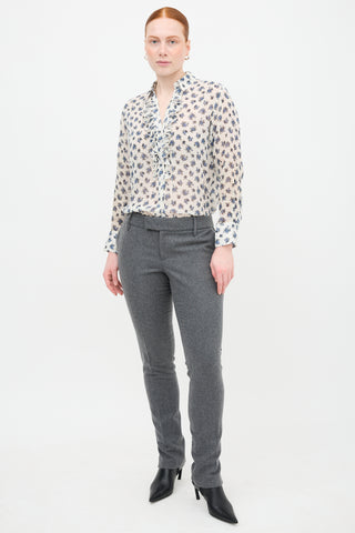 Smythe Floral Tuxedo Ruffle Blouse