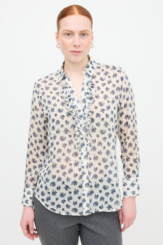 Smythe Floral Tuxedo Ruffle Blouse