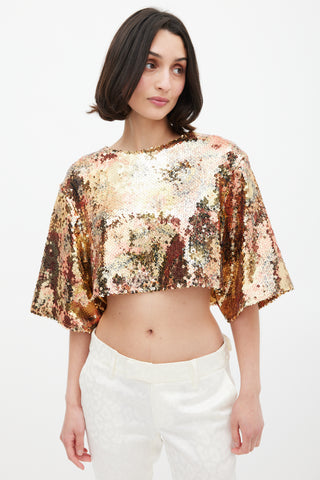 Smythe Gold Floral Sequin Cropped Top