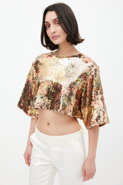 Smythe Gold Floral Sequin Cropped Top