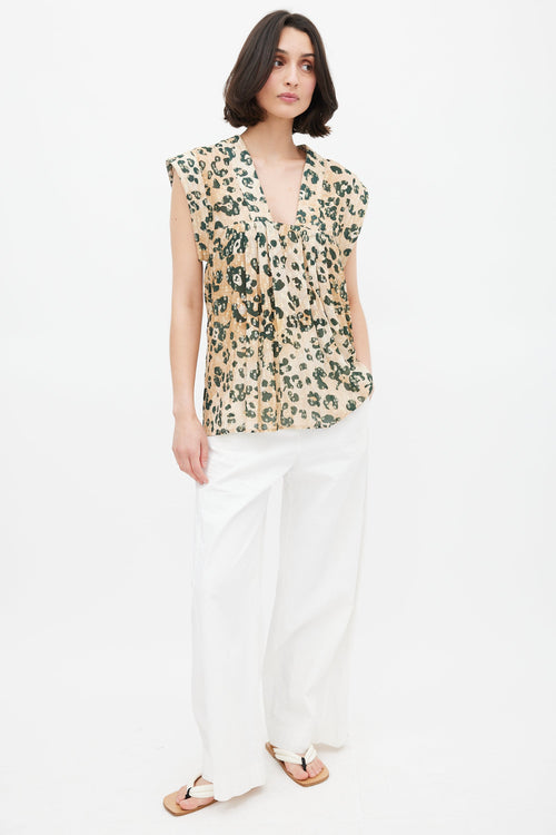 Smythe Gold 
Green Print V-Neck Blouse