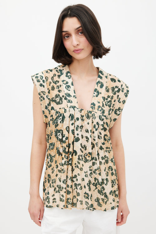 Smythe Gold 
Green Print V-Neck Blouse