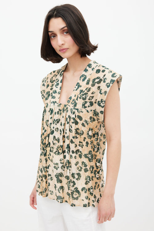 Smythe Gold 
Green Print V-Neck Blouse