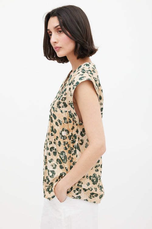 Smythe Gold 
Green Print V-Neck Blouse