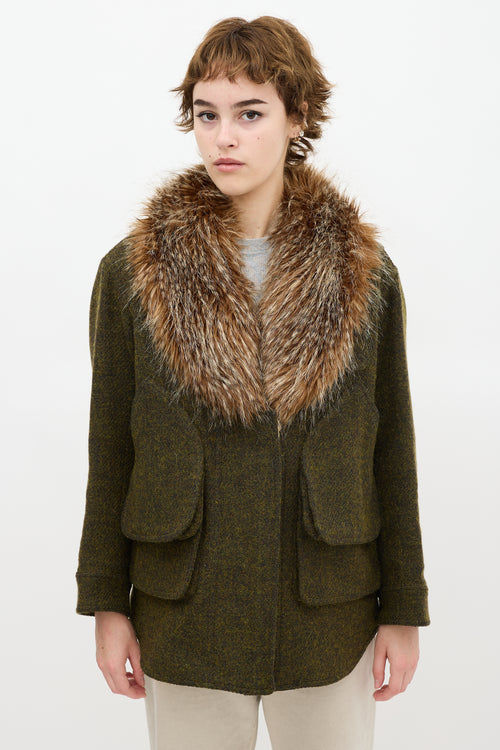 Smythe Green Wool Flak Faux Fur Jacket