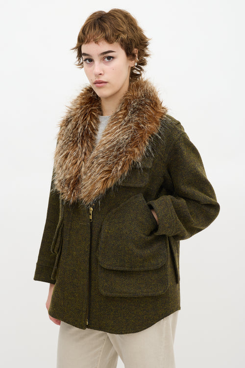 Smythe Green Wool Flak Faux Fur Jacket