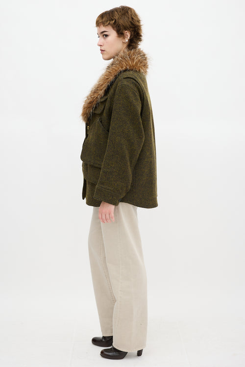 Smythe Green Wool Flak Faux Fur Jacket